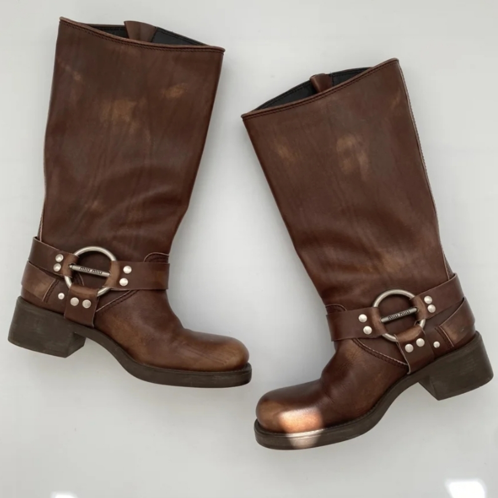 Miu Miu Harness Buckle Boots Brown Leather - Picture 3 of 11